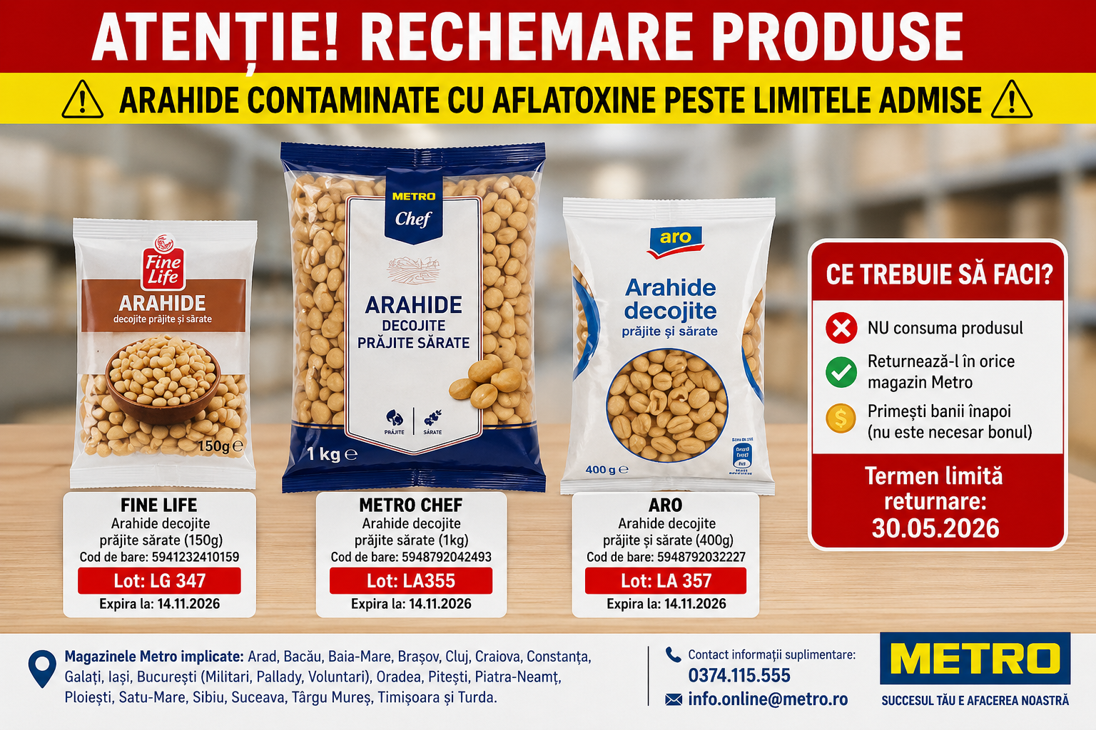 Rechemare arahide Metro România 2026 – produse contaminate cu aflatoxine (ANSVSA avertizează)
