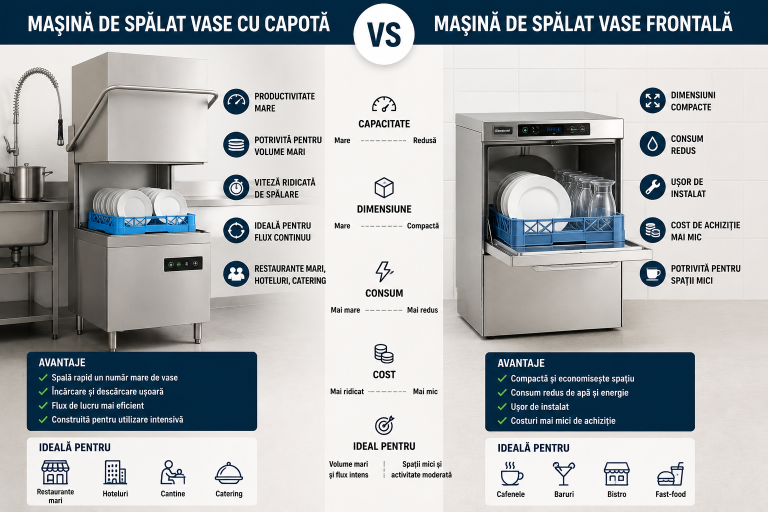 Masina de spalat vase cu capota vs masina de spalat vase frontala – ce alegi pentru horeca?