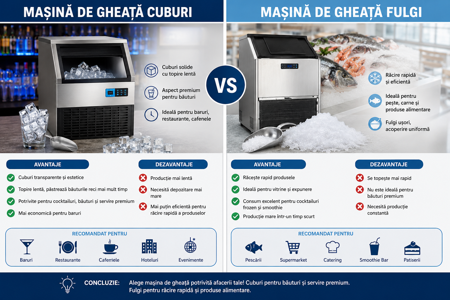 Masina de gheata cuburi vs masina de gheata fulgi – ce alegi pentru afacerea ta HoReCa?