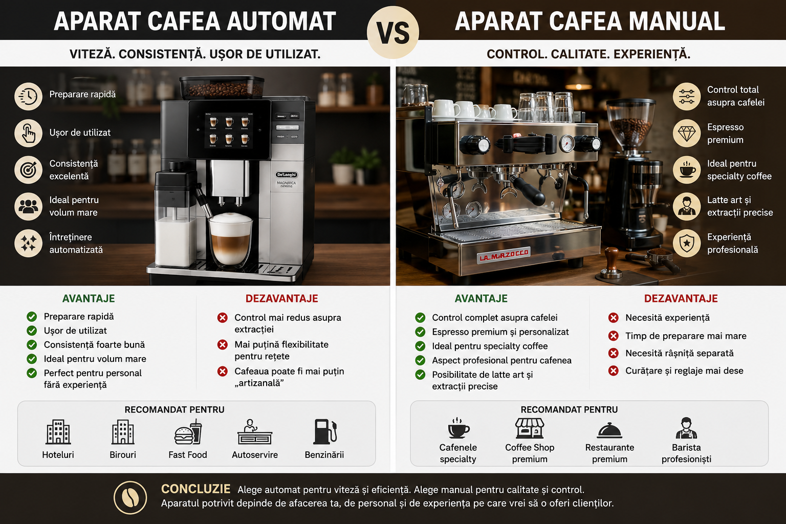 Aparat cafea automat vs aparat cafea manual – ce alegi pentru cafenea, restaurant sau acasa?