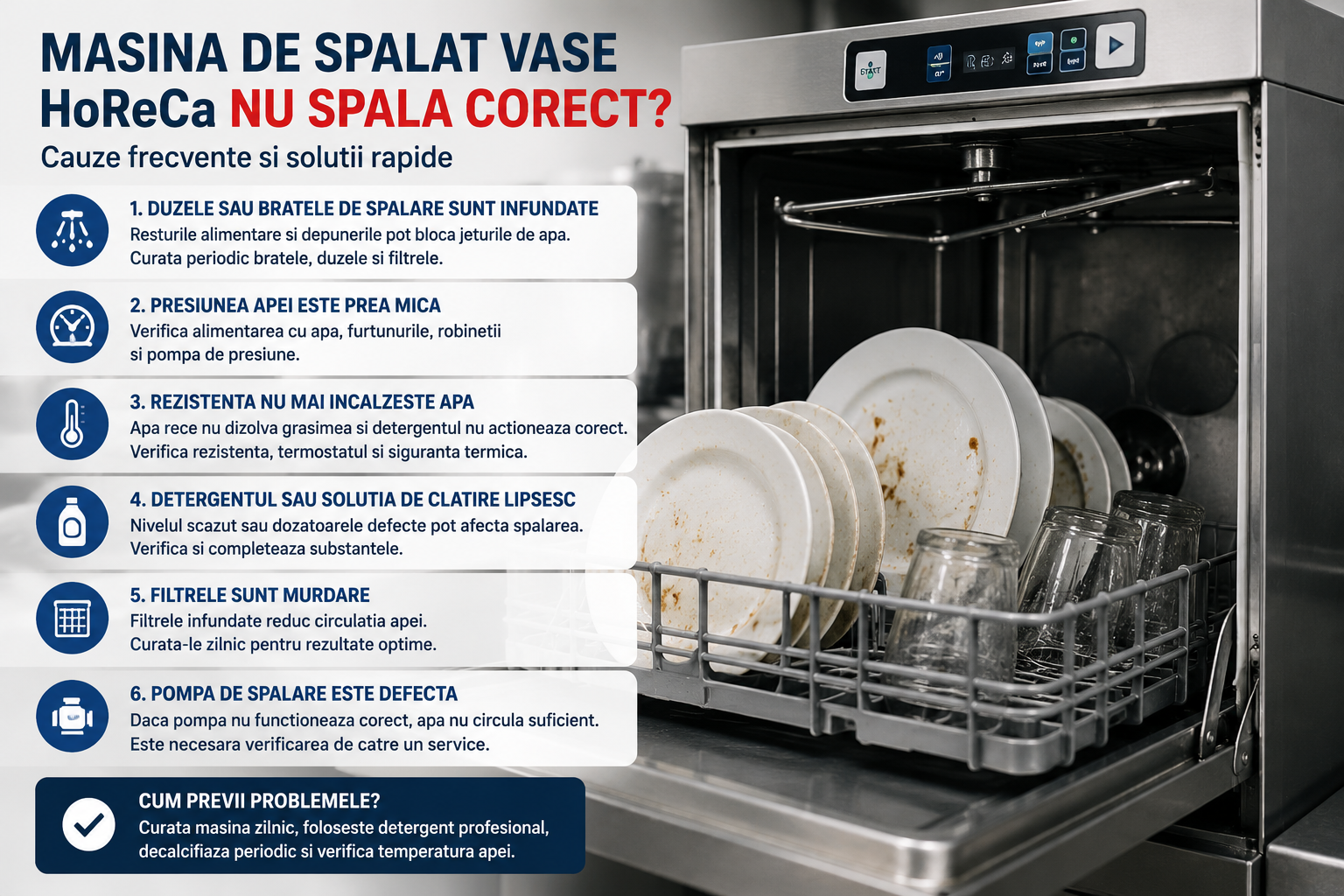 Masina de spalat vase HoReCa nu mai spala corect? Cauze frecvente si solutii rapide