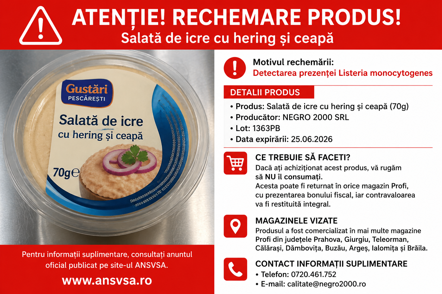 ANSVSA anunta rechemarea unei salate de icre cu hering si ceapa din magazinele Profi