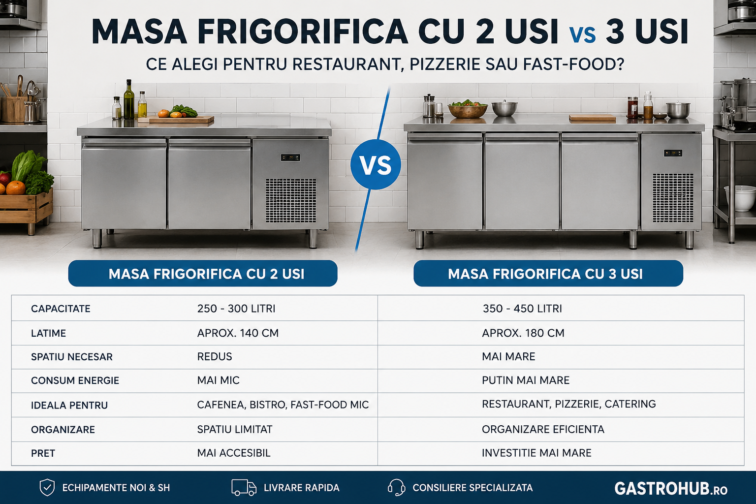 Masa frigorifica cu 2 usi vs 3 usi – ce alegi pentru restaurant, pizzerie sau fast-food?