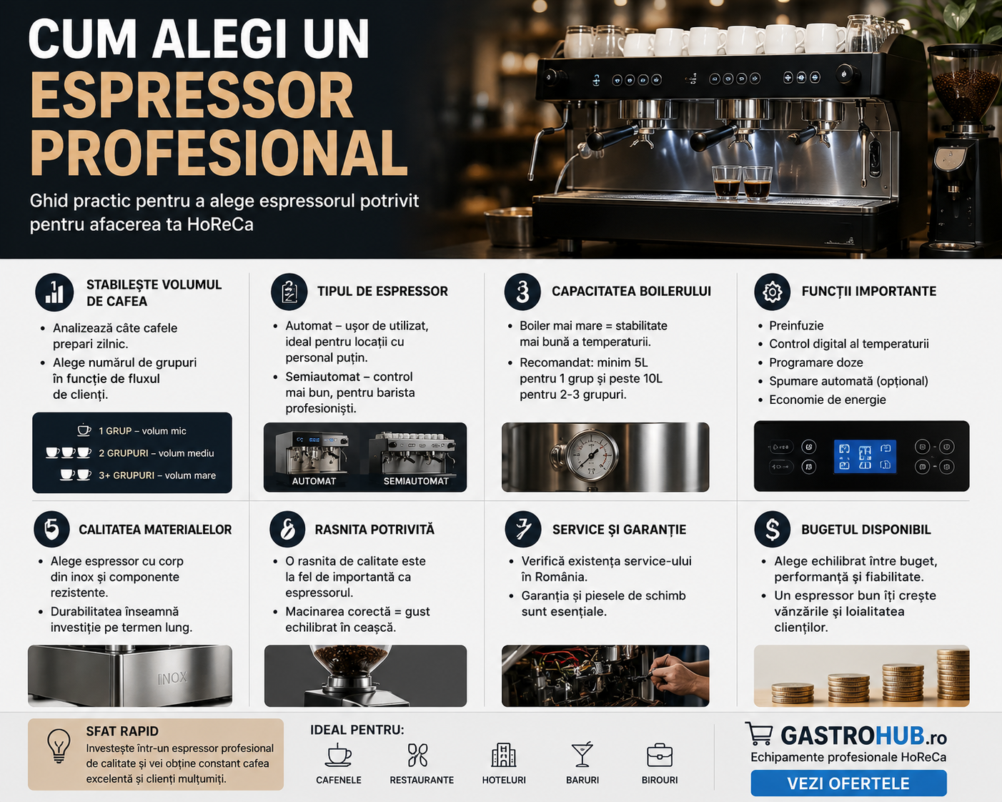 Cum alegi un espressor profesional – ghid complet pentru cafenele, restaurante si coffee shop-uri