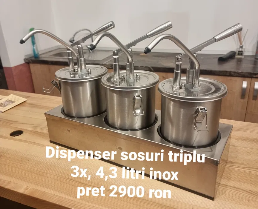 Dispenser sosuri triplu inox – 3 recipiente x 4,3 litri | Ideal pentru fast-food