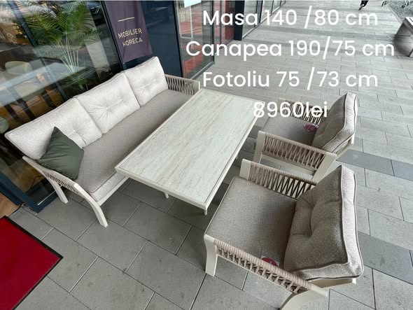 Set mobilier terasa horeca premium – canapea 3 locuri, fotolii si masa – design elegant modern