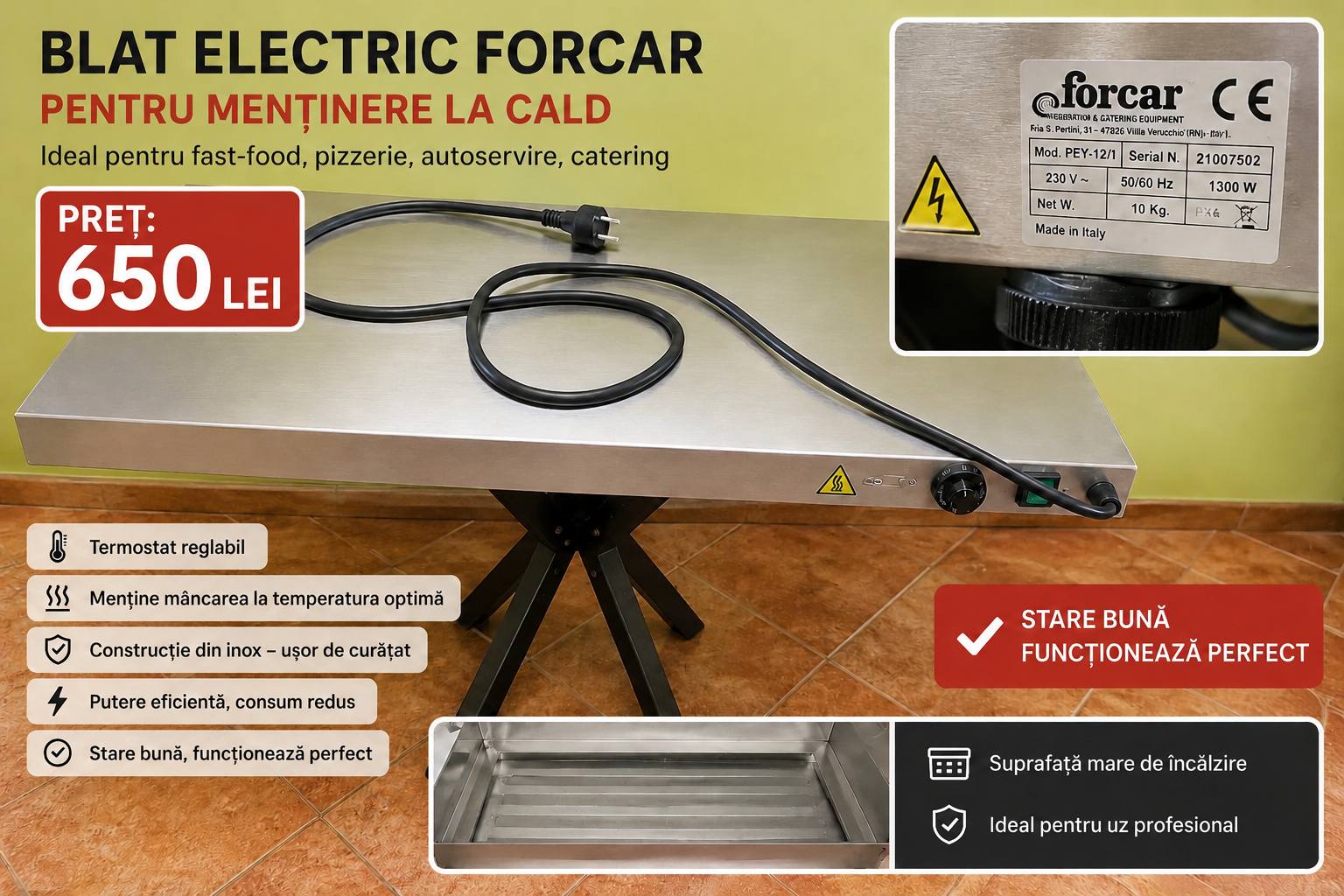 Blat electric profesional Forcar pentru mentinere la cald – inox –