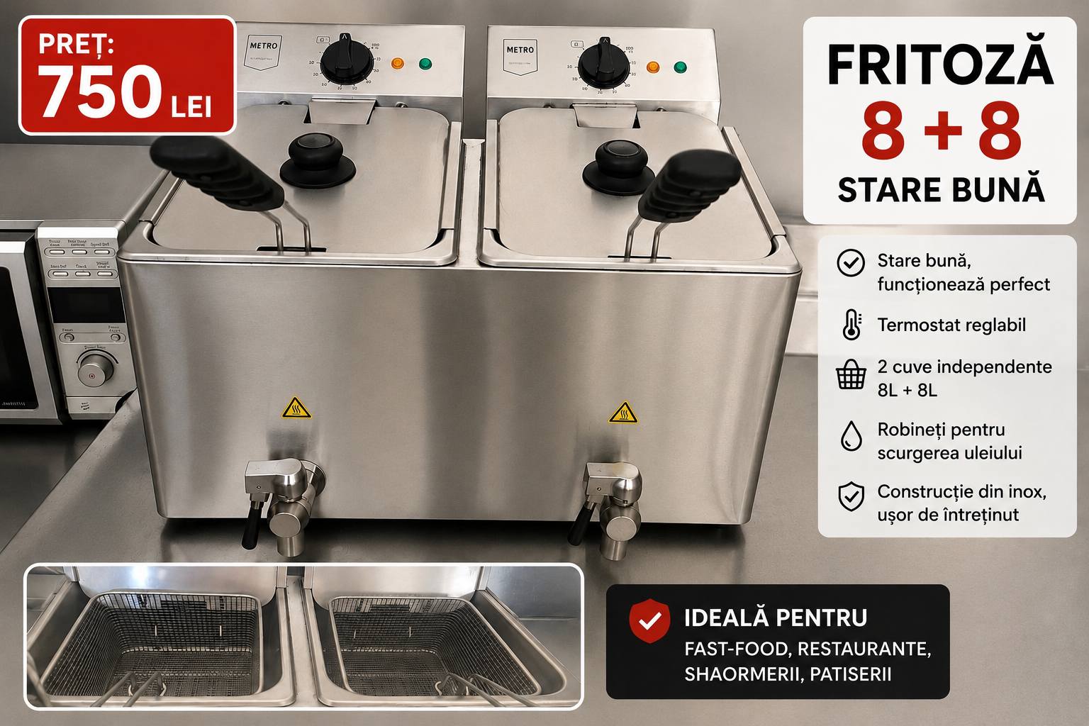 Friteuza electrica profesionala 8 + 8 litri – inox –