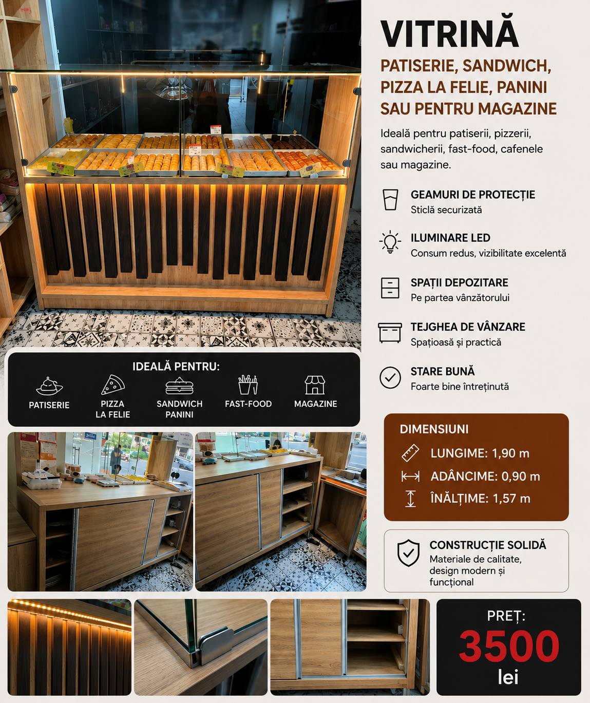 Vitrina profesionala pentru patiserie, sandwich, pizza la felie si fast-food –