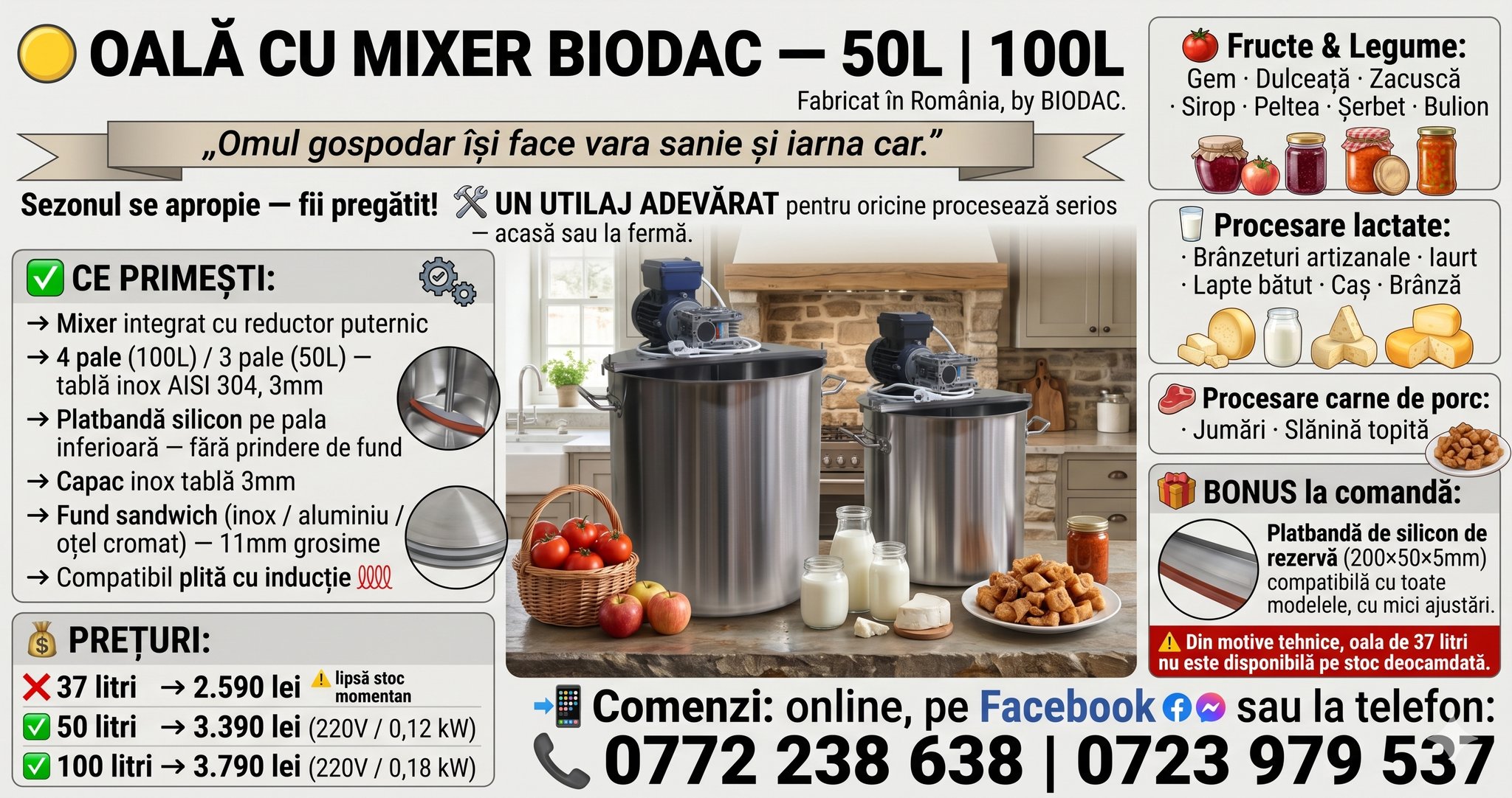 Oala cu Mixer BIODAC 50L si 100L – Pentru Gem, Zacusca, Lactate si Procesare Carne