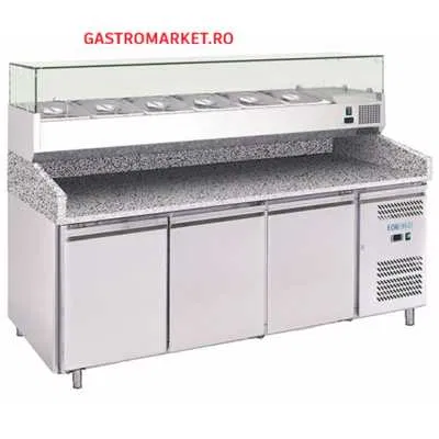 Masa pizza frigorifica profesionala cu 3 usi si vitrina ingrediente inclusa