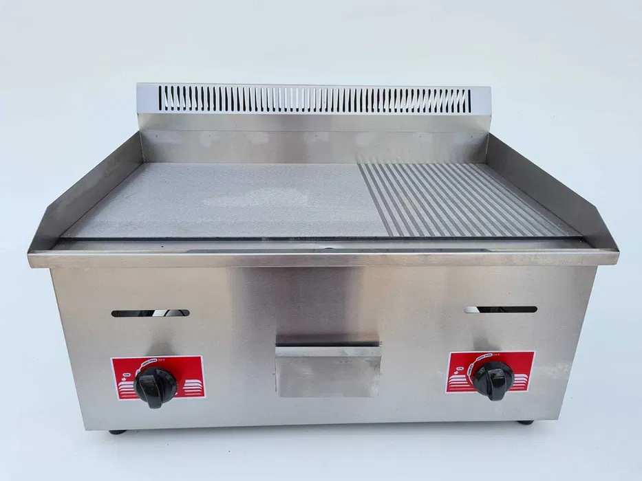 Grill profesional pe gaz GPL cu plita neteda si striata, 73 cm, inox