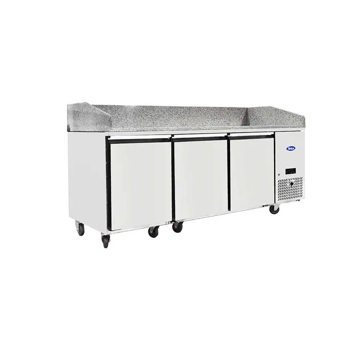 Masa pizza frigorifica profesionala 3 usi cu blat din granit si vitrina ingrediente inclusa - 420L