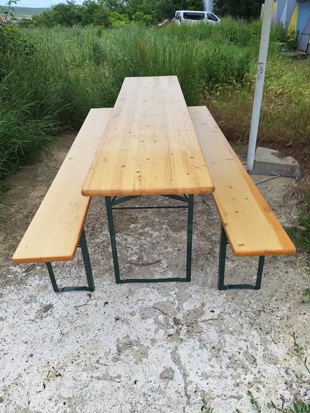 Set Berarie din Lemn 8 Locuri - Masa si 2 Banci Pliabile 220 cm, Noi - Imagine 2