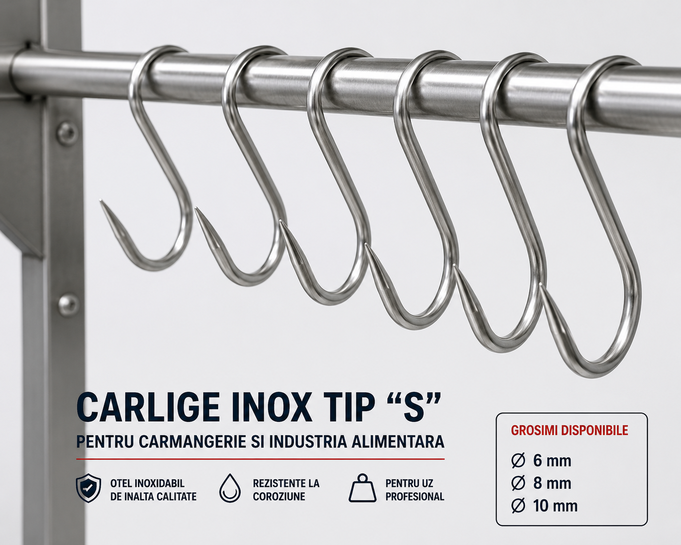 Carlige Profesionale din Inox Tip "S" pentru Carmangerie, Macelarie si Industria Alimentara