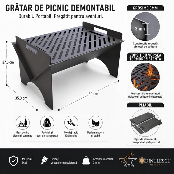 Gratar de Picnic Demontabil din Otel 3 mm - Pliabil si Rezistent