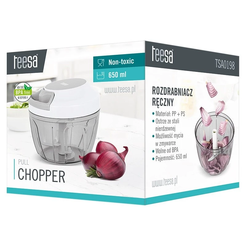 Tocător Manual Legume și Fructe 650 ml Teesa TSA0198 – Chopper cu 3 Lame din Inox, Fără BPA