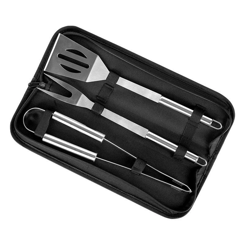 Set Ustensile Gratar Teesa TSA0110 din Inox, 3 Piese cu Etui - Cleste, Furculita si Spatula BBQ