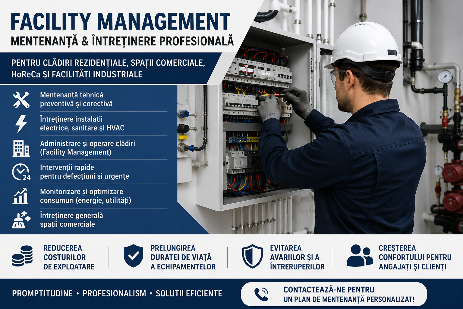 Facility Management si mentenanta cladiri HoReCa - intretinere spatii comerciale, hoteluri si facilitati industriale